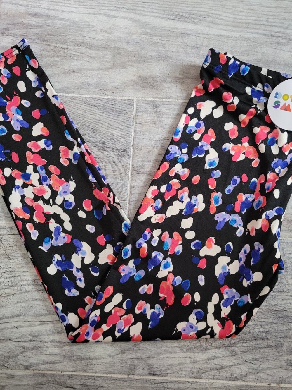 Dot Dot Smile Leggings Girl's 8/10 Youth Black w/ White Red Blue Splotches NWT